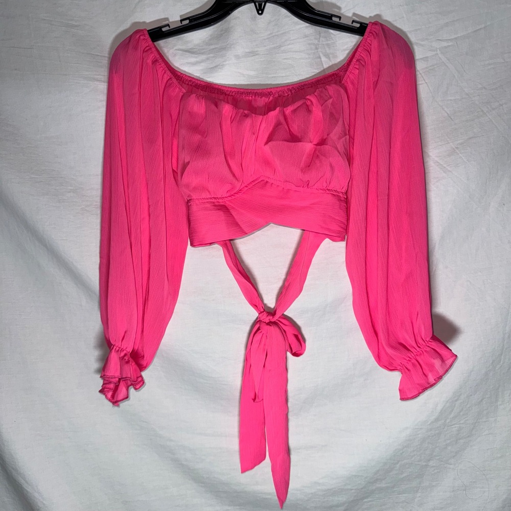 Lyaner Hot Pink Barbie Core Tie Back Crop Top Long‎ Lantern Sleeve Size Medium
